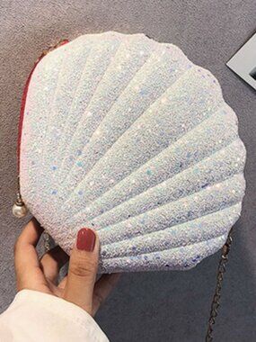 EUC ~ Shoulder Shell Shape Purse with Gold Chain, Pearl Charm & Glittery Sequins